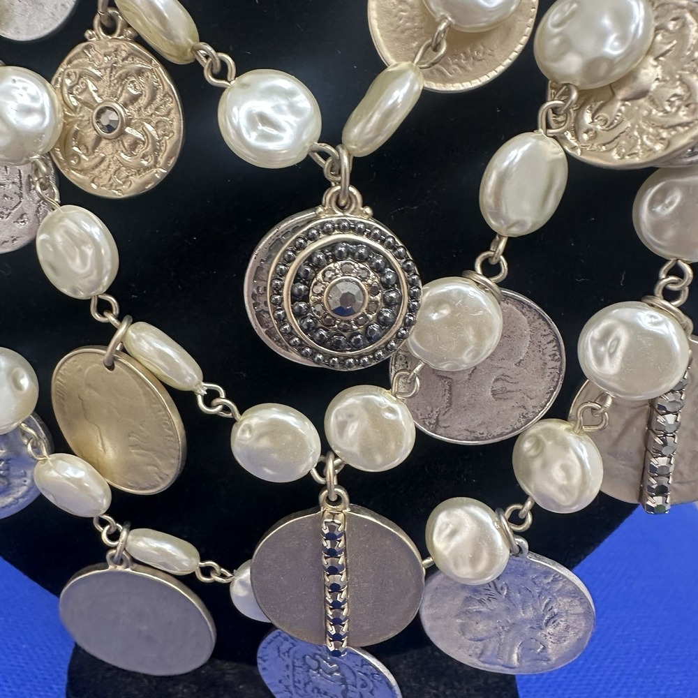 Vintage Set Necklace & Earrings Chico's Silver Gold Pearls Coin Charms 3 Strand - Picture 7 of 15